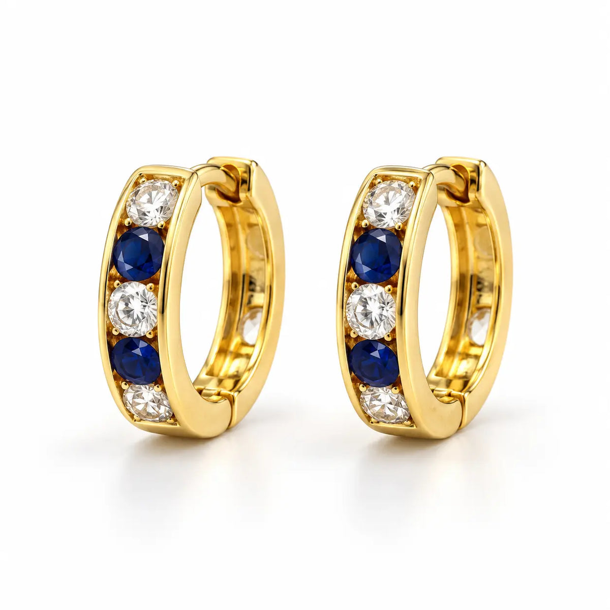 10K gold 11.5mm huggie hoop earrings with blue sapphire and clear zircon stones