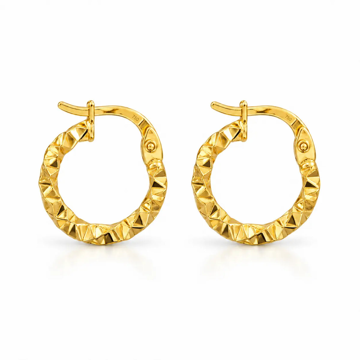 18K gold 12.5 mm textured huggie hoop earrings with 750 hallmark