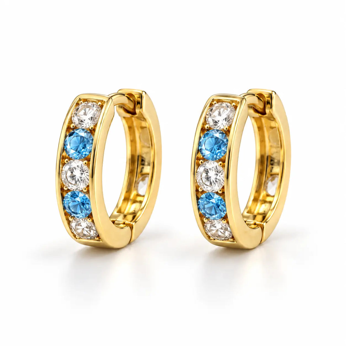10K gold 11.5mm huggie hoop earrings with sky blue and clear zircon stones